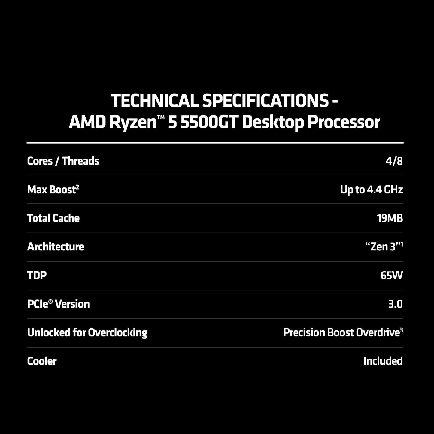 AMD Ryzen 5 5500GT Desktop Processor with Integrated Radeon Graphics 7, 6 cores 12 Threads 16MB Cache Base Clock 3.6 GHz Up to 4.4 GHz AM4 Socket system memory DDR4 Up to 3200 MT/s