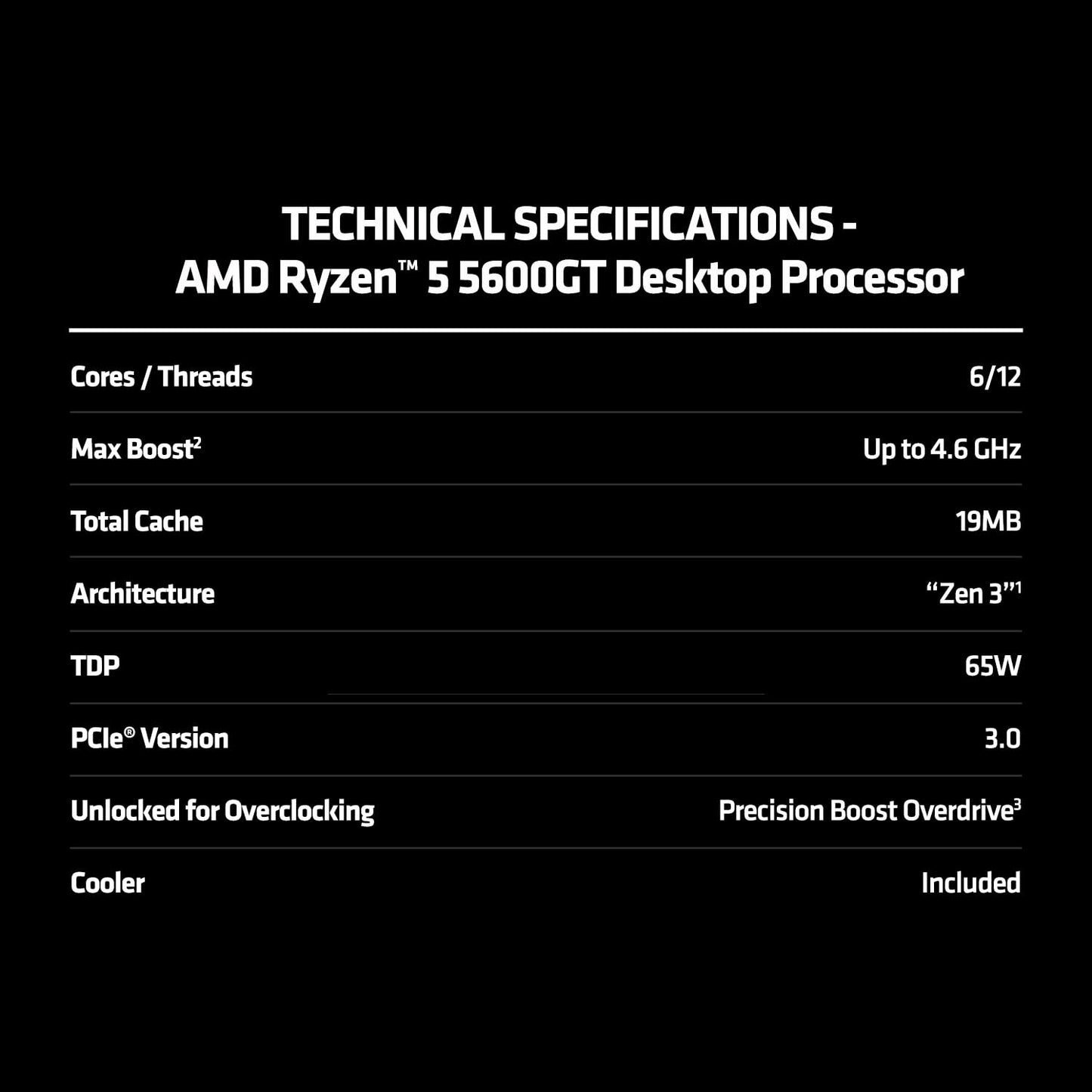 AMD Ryzen 5 5600GT Desktop Processor with Integrated Radeon Graphics 7, 6 cores 12 Threads 16MB Cache Base clock 3.6 GHz Up to 4.6GHz