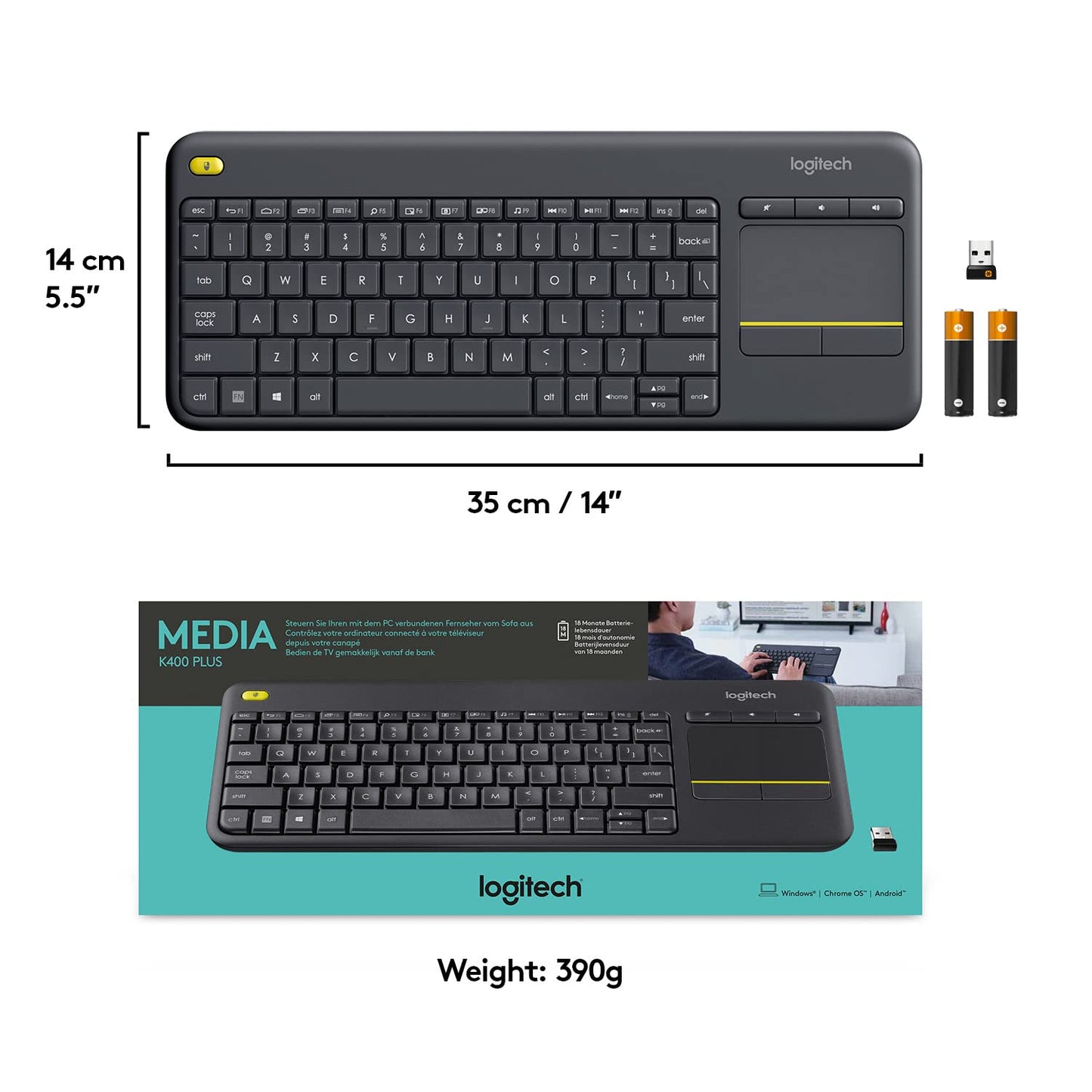 Logitech K400 Plus Wireless Touch TV Keyboard with Easy Media Control and Built-in Touchpad