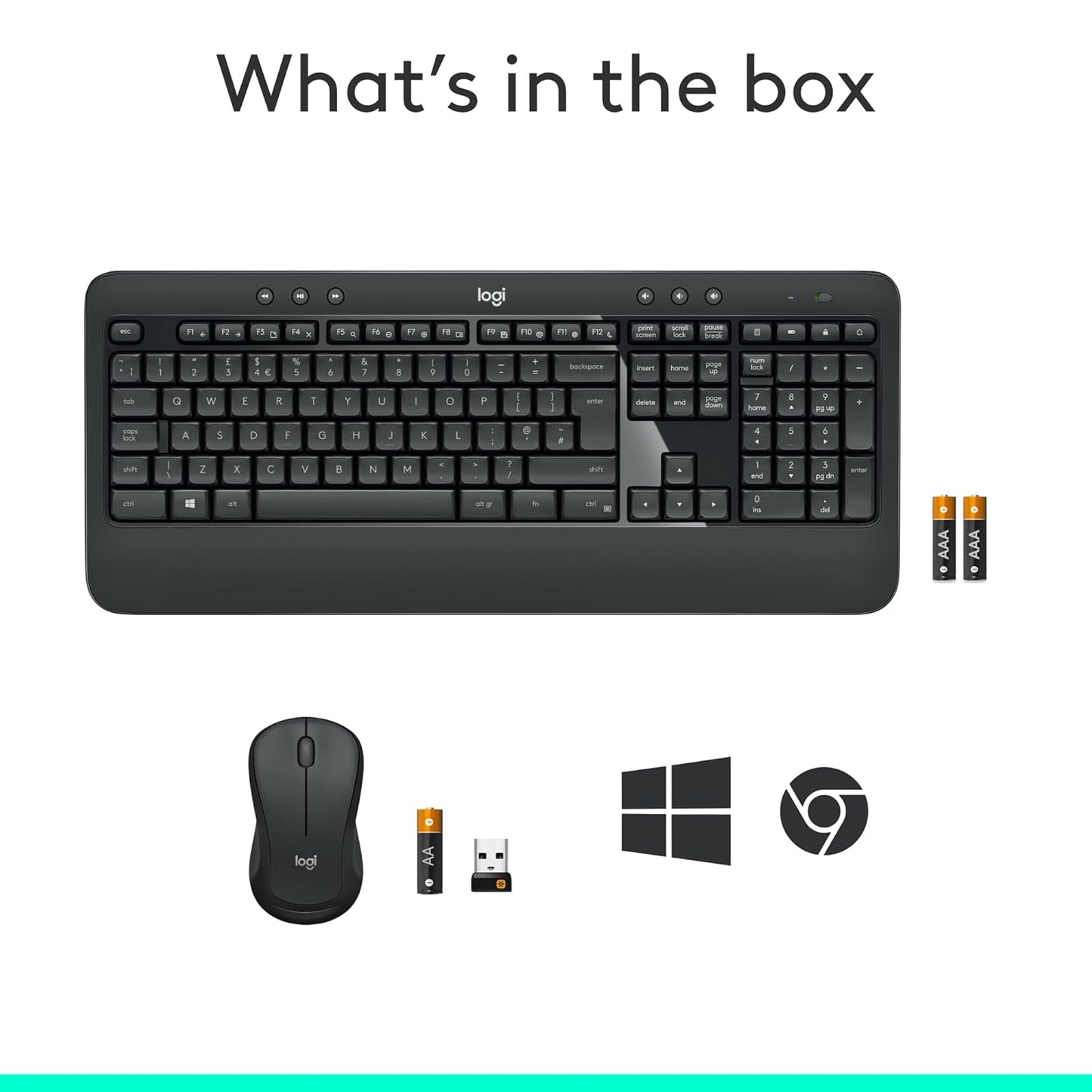 Logitech MK540 Advanced Wireless Keyboard and Mouse Combo for Windows, 2.4 GHz Unifying USB-Receiver, Multimedia Hotkeys, 3-Year Battery Life, for PC, Laptop - Black