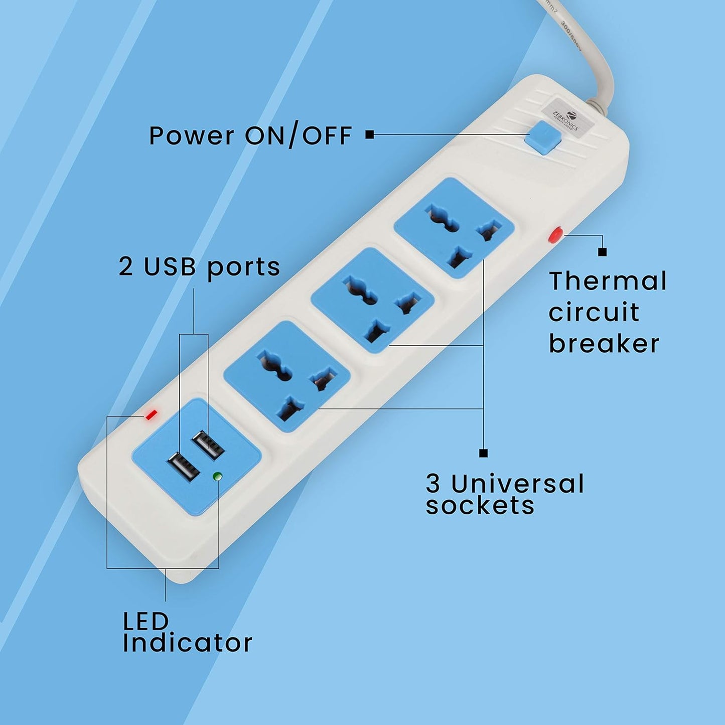 ZEBRONICS - Ps3320U 2500 Watt 220-250 Volts Power Extension Socket That Comes with Three Universal Power Sockets and Also Includes 2 USB Ports, White