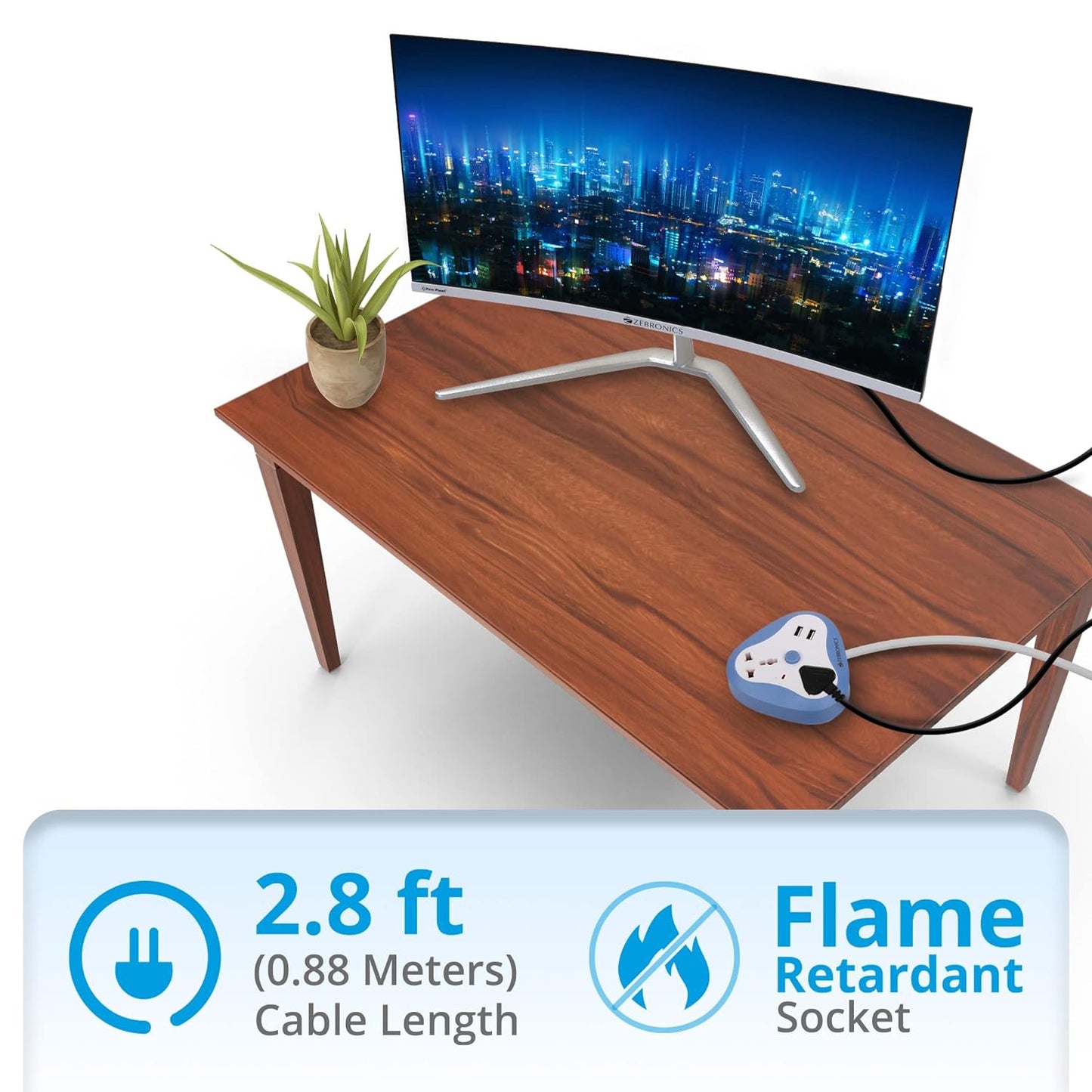 ZEBRONICS -Ps2120 USB 2500W USB Power Extension Socket 2 USB Ports, A Power Indicator Along with 2.8Ft Cable Length, 250 Volts, Multi