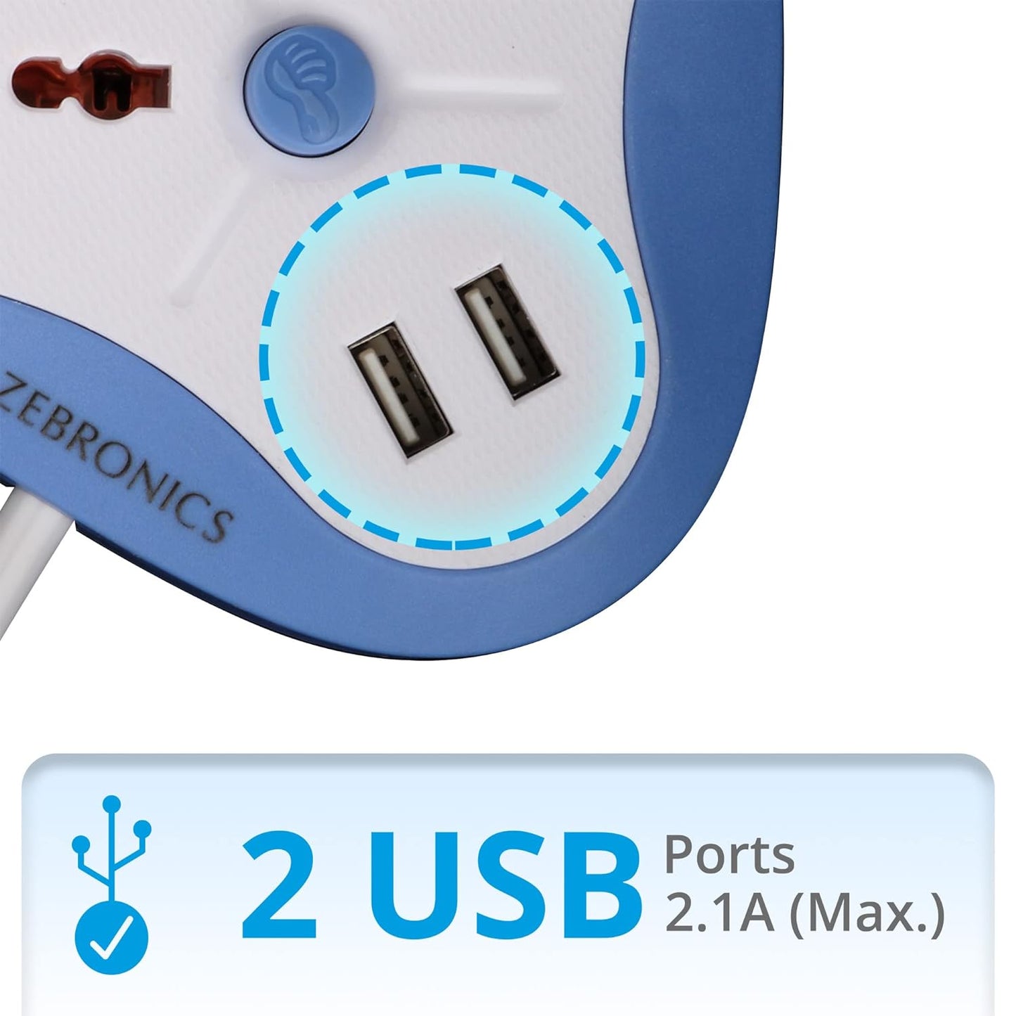 ZEBRONICS -Ps2120 USB 2500W USB Power Extension Socket 2 USB Ports, A Power Indicator Along with 2.8Ft Cable Length, 250 Volts, Multi