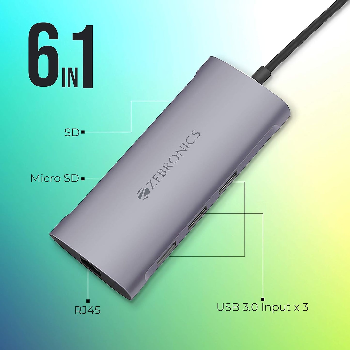 ZEBRONICS 6 in 1 USB Type C Multiport Adapter Zeb TA1000UCL with USB, SD, Micro SD, RJ45 Slots