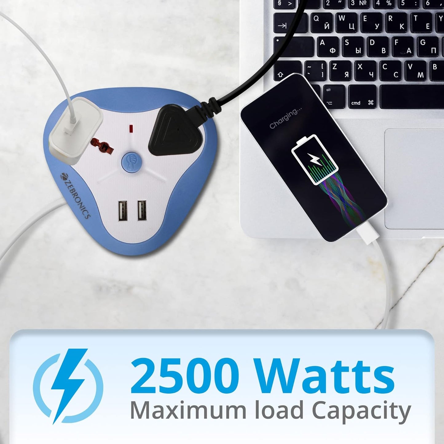 ZEBRONICS -Ps2120 USB 2500W USB Power Extension Socket 2 USB Ports, A Power Indicator Along with 2.8Ft Cable Length, 250 Volts, Multi