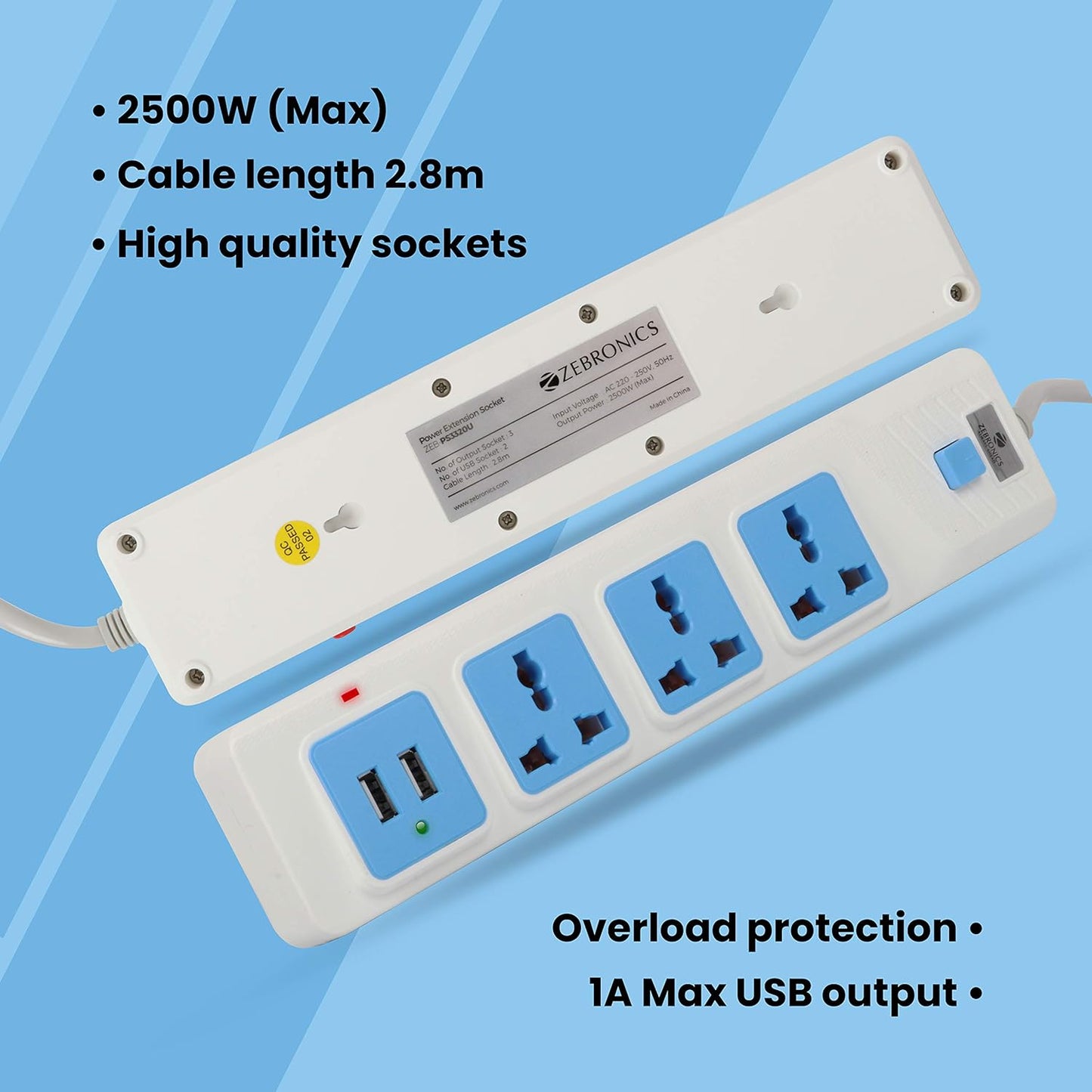 ZEBRONICS - Ps3320U 2500 Watt 220-250 Volts Power Extension Socket That Comes with Three Universal Power Sockets and Also Includes 2 USB Ports, White