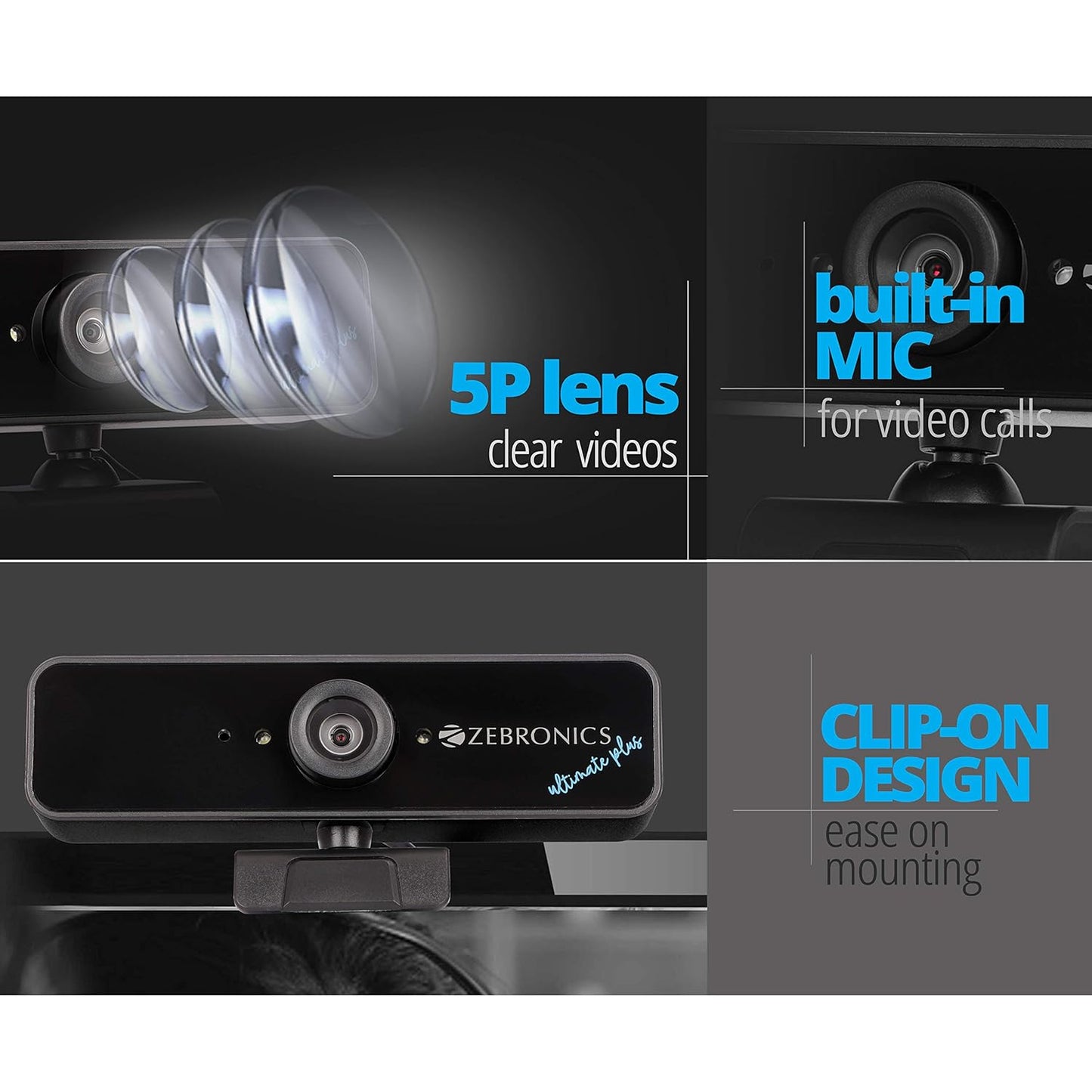 ZEBRONICS Zeb-Ultimate Plus USB Powered high Resolution Web Cam with 5P Lens and Full HD1920x1080,Built-in mic, Night Vision with Control pod for Brightness with 1.5M Cable, Optical Zoom