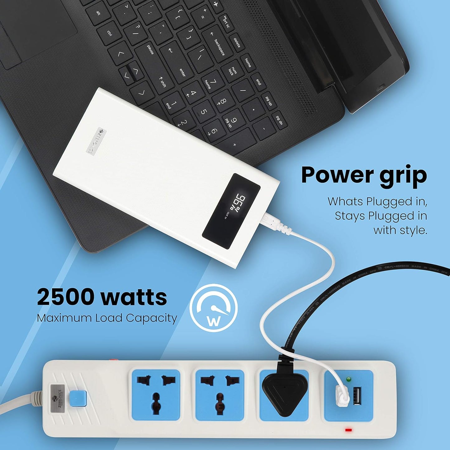 ZEBRONICS - Ps3320U 2500 Watt 220-250 Volts Power Extension Socket That Comes with Three Universal Power Sockets and Also Includes 2 USB Ports, White
