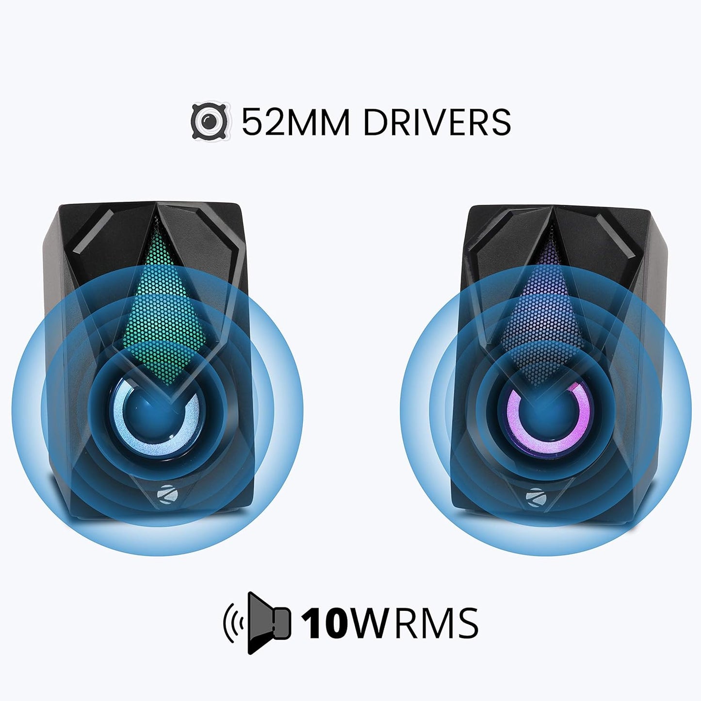 ZEBRONICS Zeb-Warrior II 10 watts, 2.0 Multimedia Speaker with RGB Lights, USB Powered, AUX Input, Volume Control Pod for PC, Laptops, Desktop