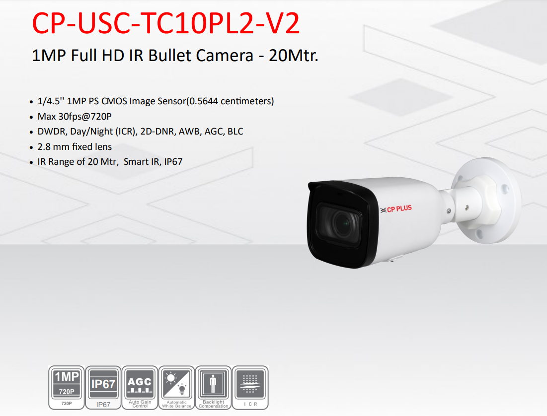 1MP Full HD IR Bullet Camera - 20Mtr - CP-USC-TC10PL2-V2