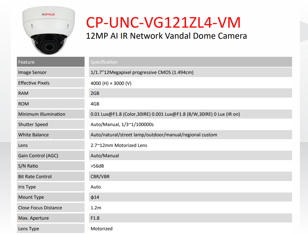 12MP AI IR Network Vandal Dome Camera - CP-UNC-VG121ZL4-VM