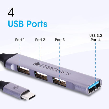 Zebronics TA200U Type C to USB 3.0 4 port hub with Hi speed data transfer, Aluminum + ABS body, 15cm cable, sleek design and Plug Play usage