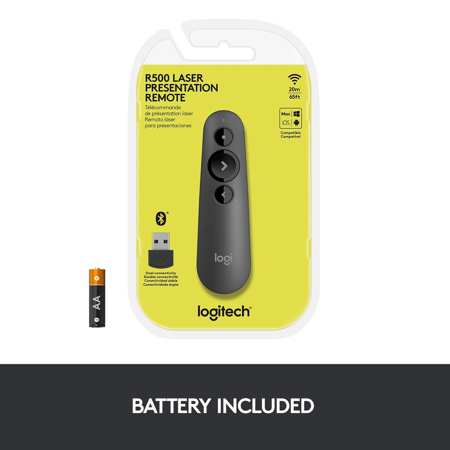 Logitech R500 Laser Presentation Remote Clicker with Dual Connectivity Bluetooth or USB for Powerpoint, Keynote, Google Slides, Wireless Presenter