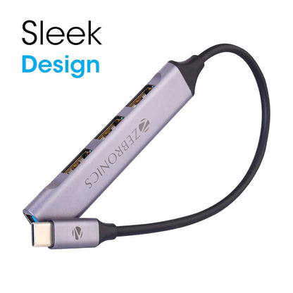 Zebronics TA200U Type C to USB 3.0 4 port hub with Hi speed data transfer, Aluminum + ABS body, 15cm cable, sleek design and Plug Play usage