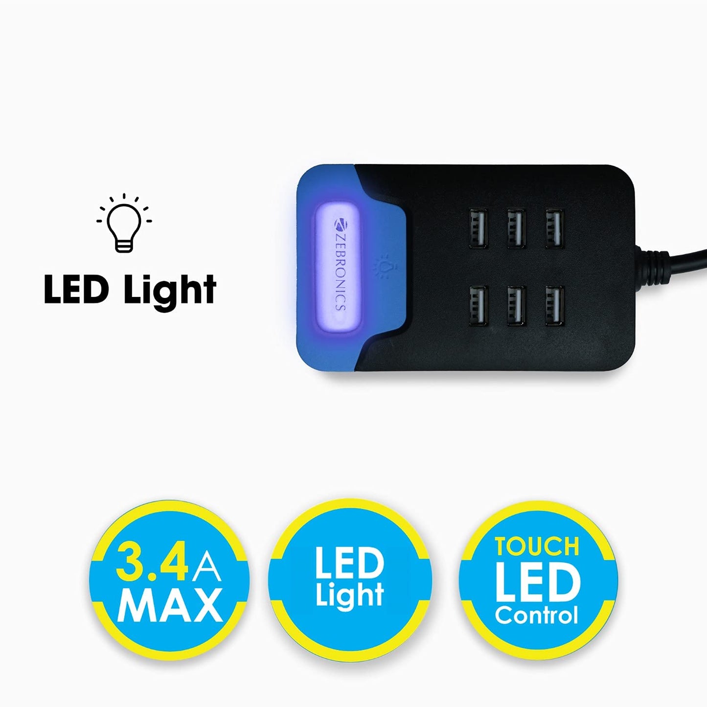 ZEBRONICS -Ps160L USB Power Strip with 6 USB Ports, Smart Design for Faster Charging and Led Light with Cable, Black, 5 Volts