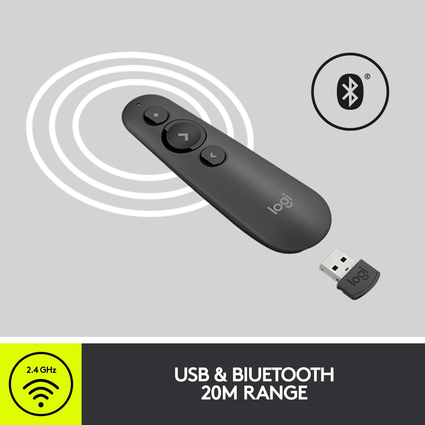 Logitech R500 Laser Presentation Remote Clicker with Dual Connectivity Bluetooth or USB for Powerpoint, Keynote, Google Slides, Wireless Presenter