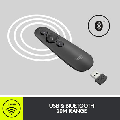 Logitech R500 Laser Presentation Remote Clicker with Dual Connectivity Bluetooth or USB for Powerpoint, Keynote, Google Slides, Wireless Presenter