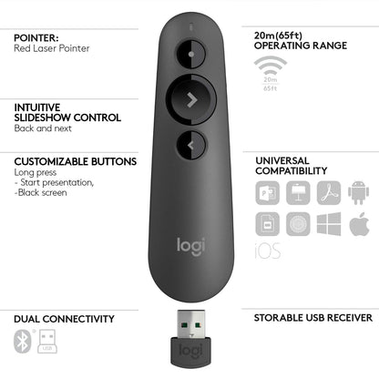 Logitech R500 Laser Presentation Remote Clicker with Dual Connectivity Bluetooth or USB for Powerpoint, Keynote, Google Slides, Wireless Presenter
