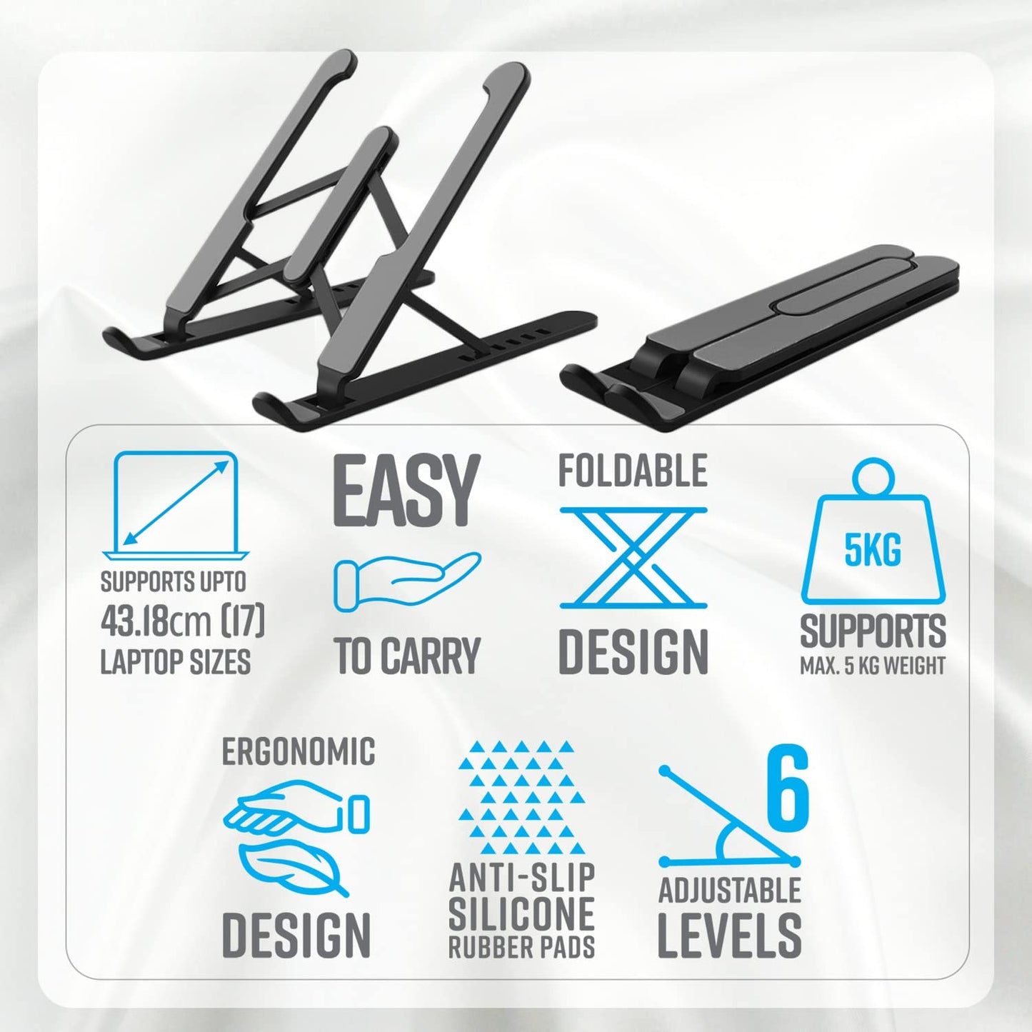 Zebronics-NS1000 Laptop Stand Featuring Foldable Design, Anti-Slip Silicone Rubber Pads, Supports Maximum of 5kgs Weight, 6 Adjustable Levels