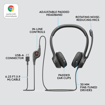 Logitech H390 Wired On Ear Headset for PC/Laptop, Stereo Headphones with Noise Cancelling Microphone, USB-A, In-Line Controls, Works with Chromebook