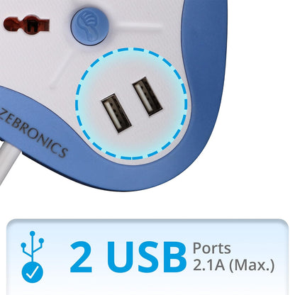 ZEBRONICS -Ps2120 USB 2500W USB Power Extension Socket 2 USB Ports, A Power Indicator Along with 2.8Ft Cable Length, 250 Volts, Multi