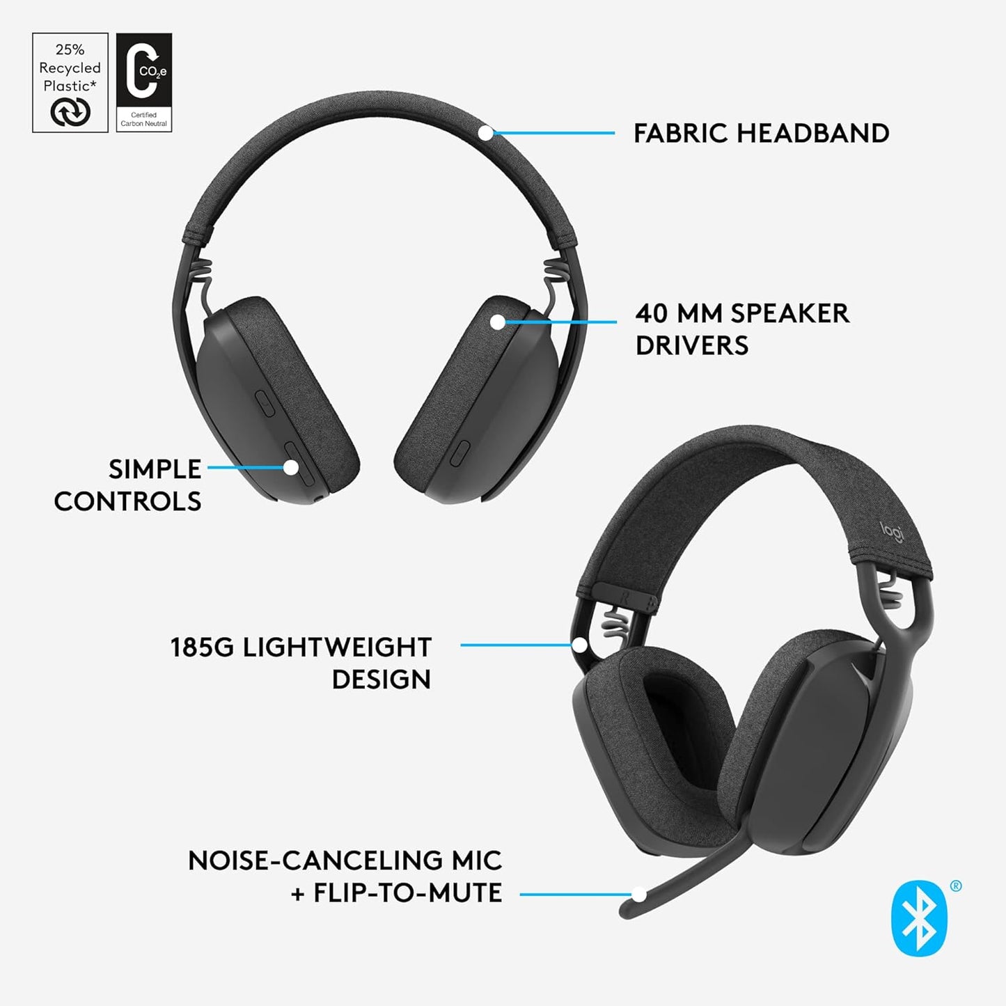 Logitech Zone Vibe 100 Lightweight Wireless Over-Ear Headphones with Noise-Cancelling Microphone