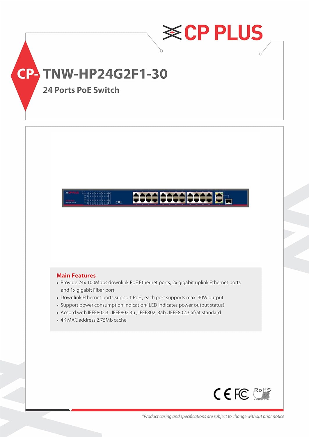 CP PLUS 4 port networking switch (CP-TNW-HP4H1-6) 5 Ports 100 Mbps Network Switch