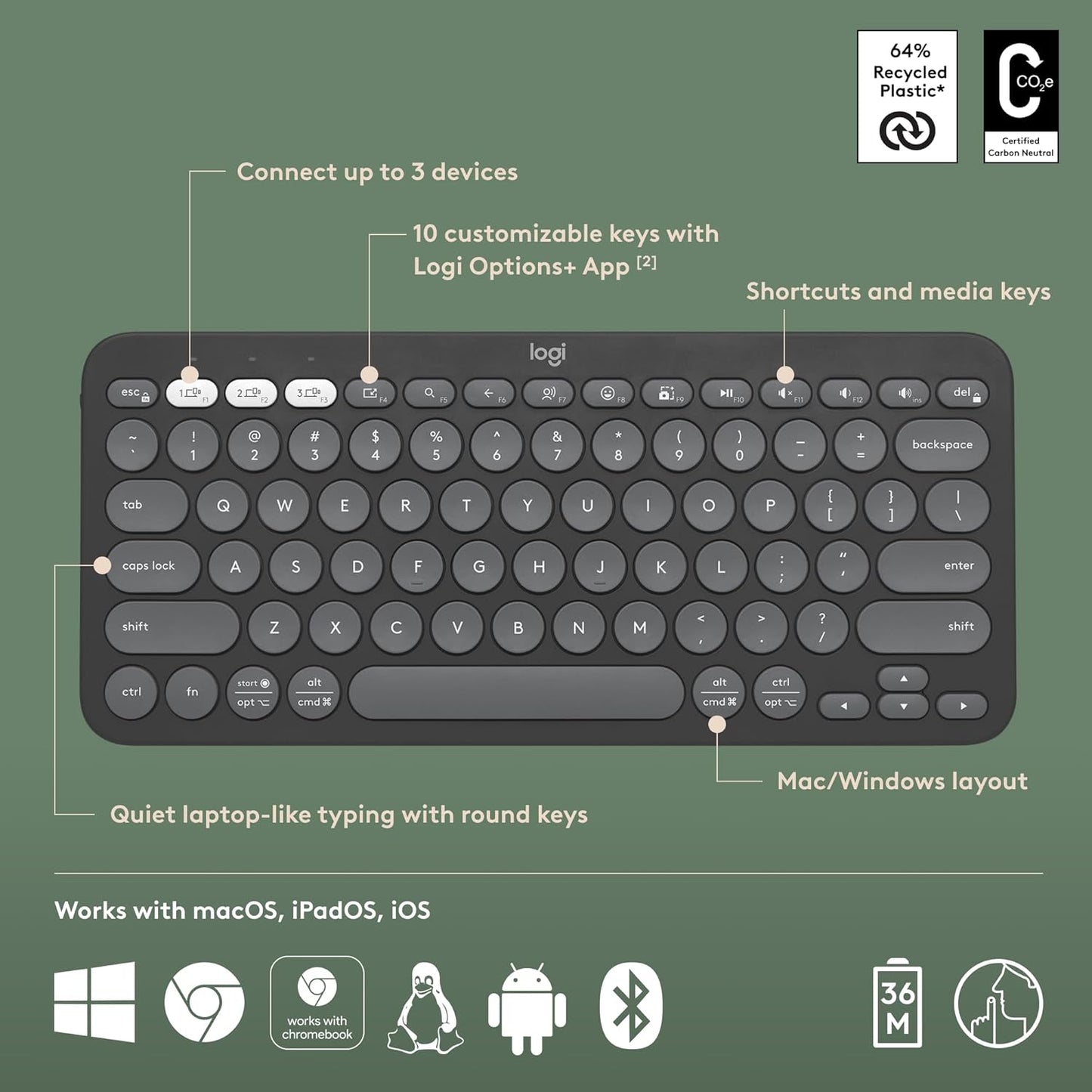 Logitech Pebble Keys 2 K380s, Multi-Device Bluetooth Wireless Keyboard