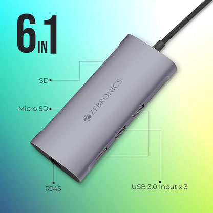 ZEBRONICS 6 in 1 USB Type C Multiport Adapter Zeb TA1000UCL with USB, SD, Micro SD, RJ45 Slots