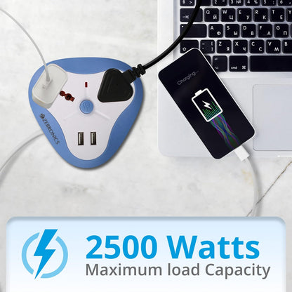 ZEBRONICS -Ps2120 USB 2500W USB Power Extension Socket 2 USB Ports, A Power Indicator Along with 2.8Ft Cable Length, 250 Volts, Multi