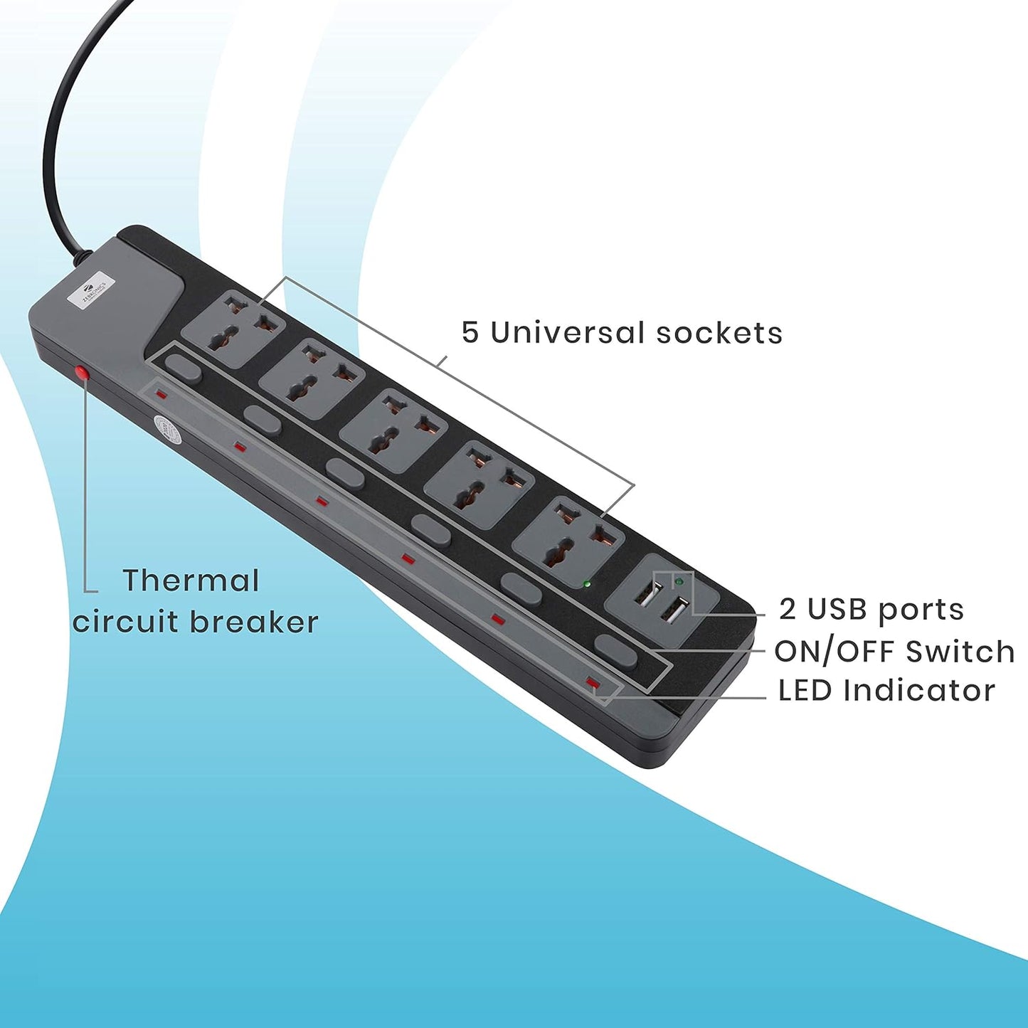ZEBRONICS ZEB-PS5320 USB Plus with 2500W Power Extension Socket 5 Universal sockets with 2 USB Ports, Circuit Breaker, Power On/Off Switch and an LED Indicator