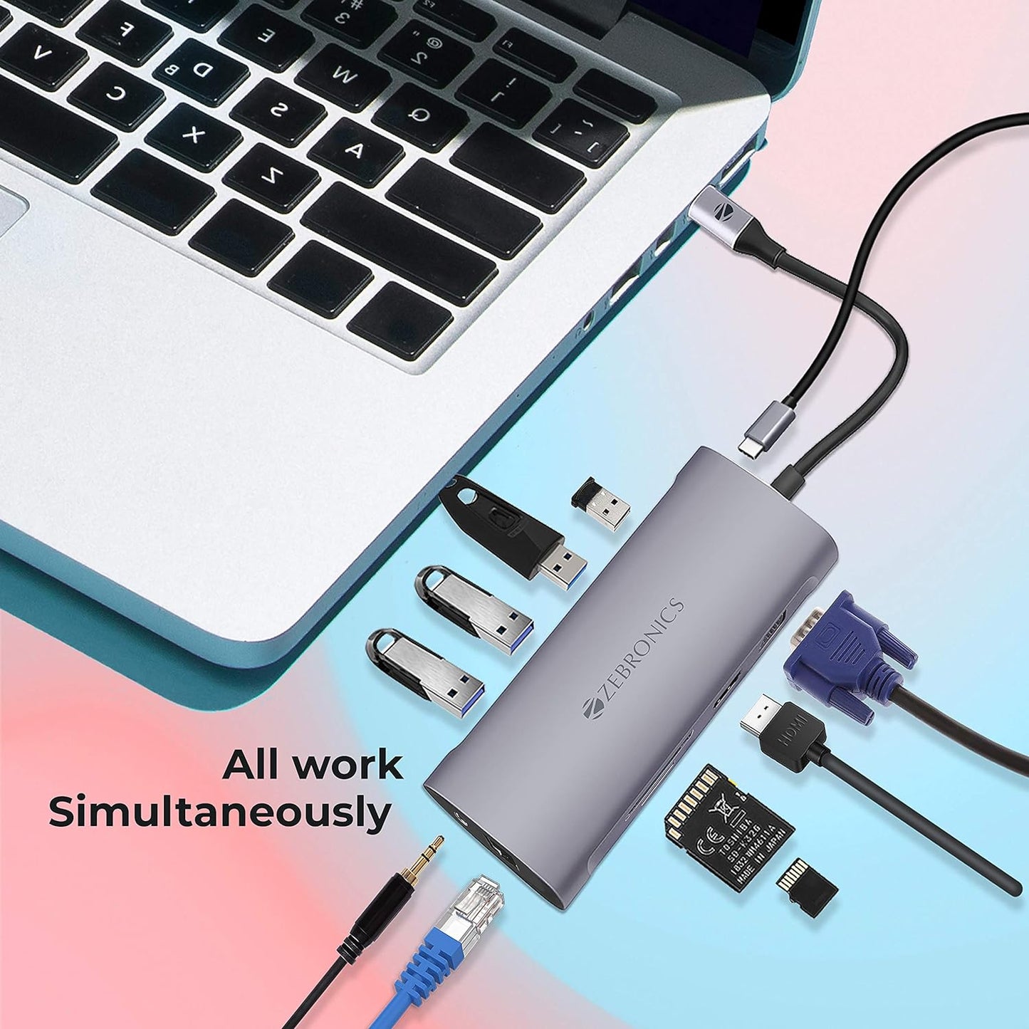 ZEBRONICS 11 in 1 USB Type C Multiport Adapter Zeb TA2000UCLVAP with USB, HDMI, VGA, 3.5mm, RJ45, SD, Micro SD, Type C PD