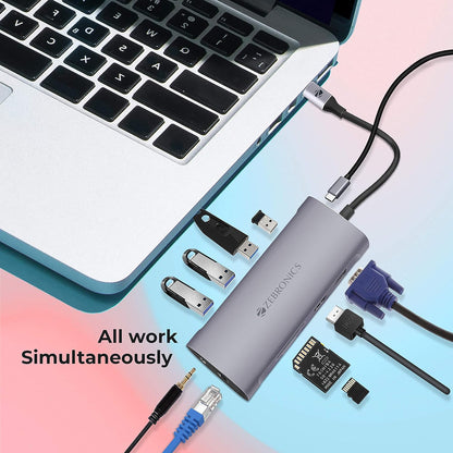 ZEBRONICS 11 in 1 USB Type C Multiport Adapter Zeb TA2000UCLVAP with USB, HDMI, VGA, 3.5mm, RJ45, SD, Micro SD, Type C PD