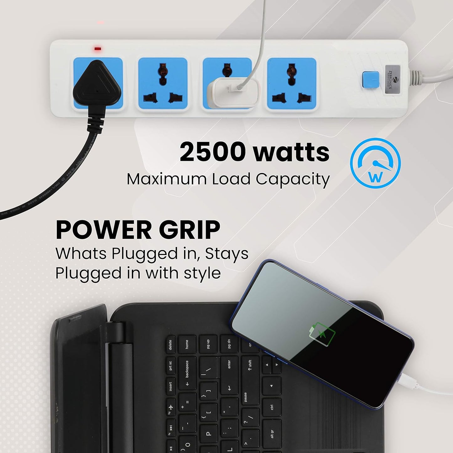 ZEBRONICS -Ps4301 2500 Watts Power Extension Socket With 4 Universal Sockets, 250 Volts, White