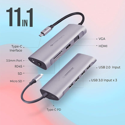 ZEBRONICS 11 in 1 USB Type C Multiport Adapter Zeb TA2000UCLVAP with USB, HDMI, VGA, 3.5mm, RJ45, SD, Micro SD, Type C PD