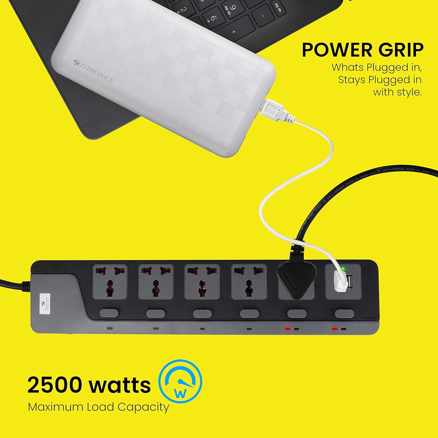 ZEBRONICS ZEB-PS5320 USB Plus with 2500W Power Extension Socket 5 Universal sockets with 2 USB Ports, Circuit Breaker, Power On/Off Switch and an LED Indicator