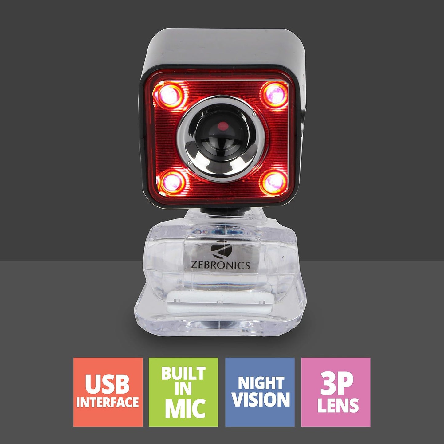 Zebronics Zeb-Crystal Pro Web Camera with USB Powered,3P Lens, Night Vision and Built-in Mic(RED)