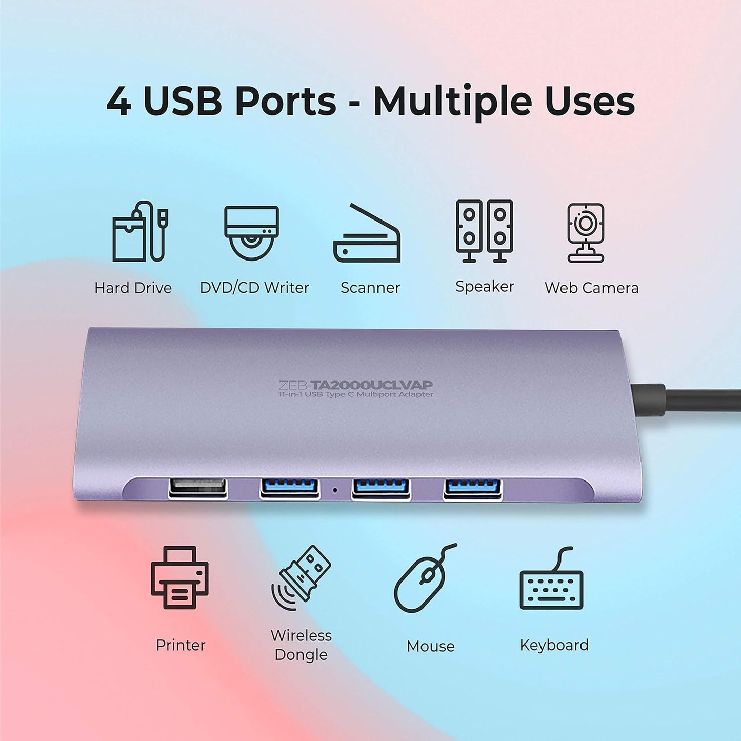 ZEBRONICS 11 in 1 USB Type C Multiport Adapter Zeb TA2000UCLVAP with USB, HDMI, VGA, 3.5mm, RJ45, SD, Micro SD, Type C PD