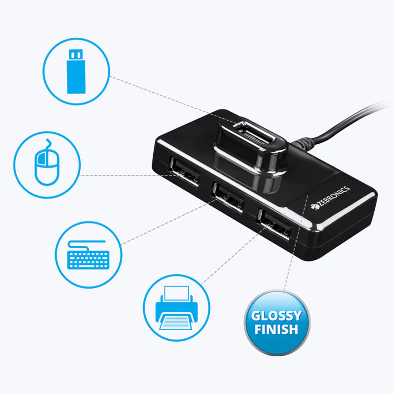 Zeb 100HB, high speed USB 2.0 port, USB Hub, 4 Ports, Pocket Sized, Plug & Play, for Laptop & Computers